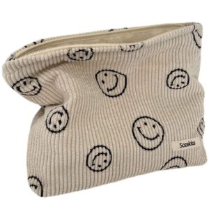 liberty goddess cosmetic bags for women - corduroy cosmetic bag aesthetic women handbags purses smile dots makeup organizer storage makeup bag womens bags (smile beige)