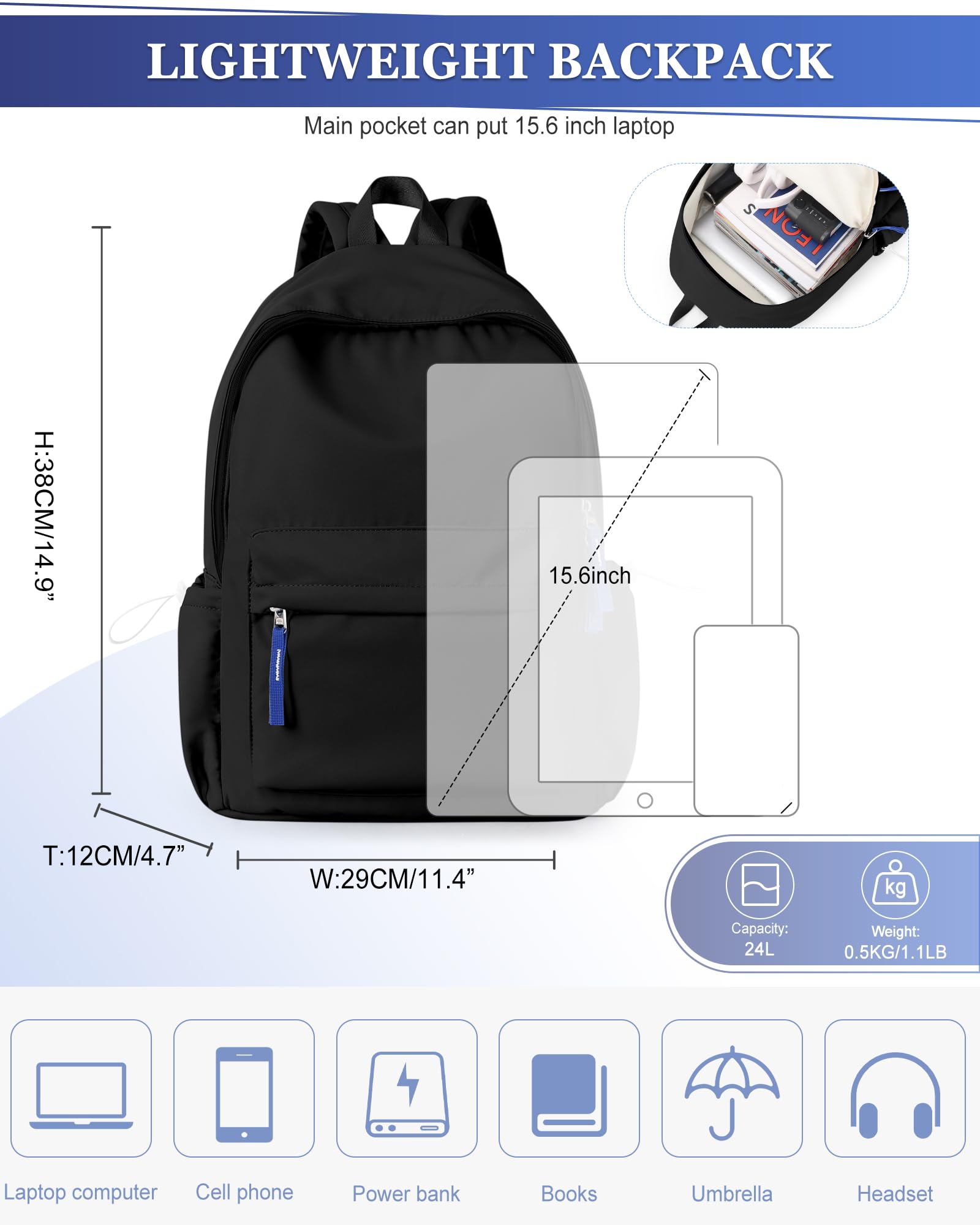 School Backpack for Teen Girls,Simple School Book Bag Waterproof High School Backpack for Boy Middle Student Bookbag College Backpack for Women Men Casual Daypack Travel Aesthetic Backpacks Black