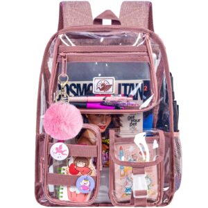 clear backpack for girls women, heavy duty pvc transparent bookbag, cute see through school bags for teens elementary - pink