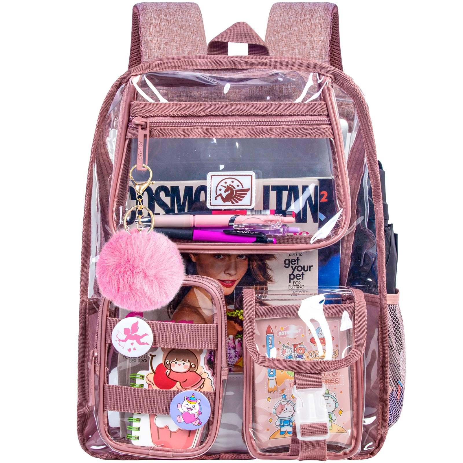 Clear Backpack for Girls Women, Heavy Duty PVC Transparent BookBag, Cute See Through School Bags for Teens Elementary - Pink