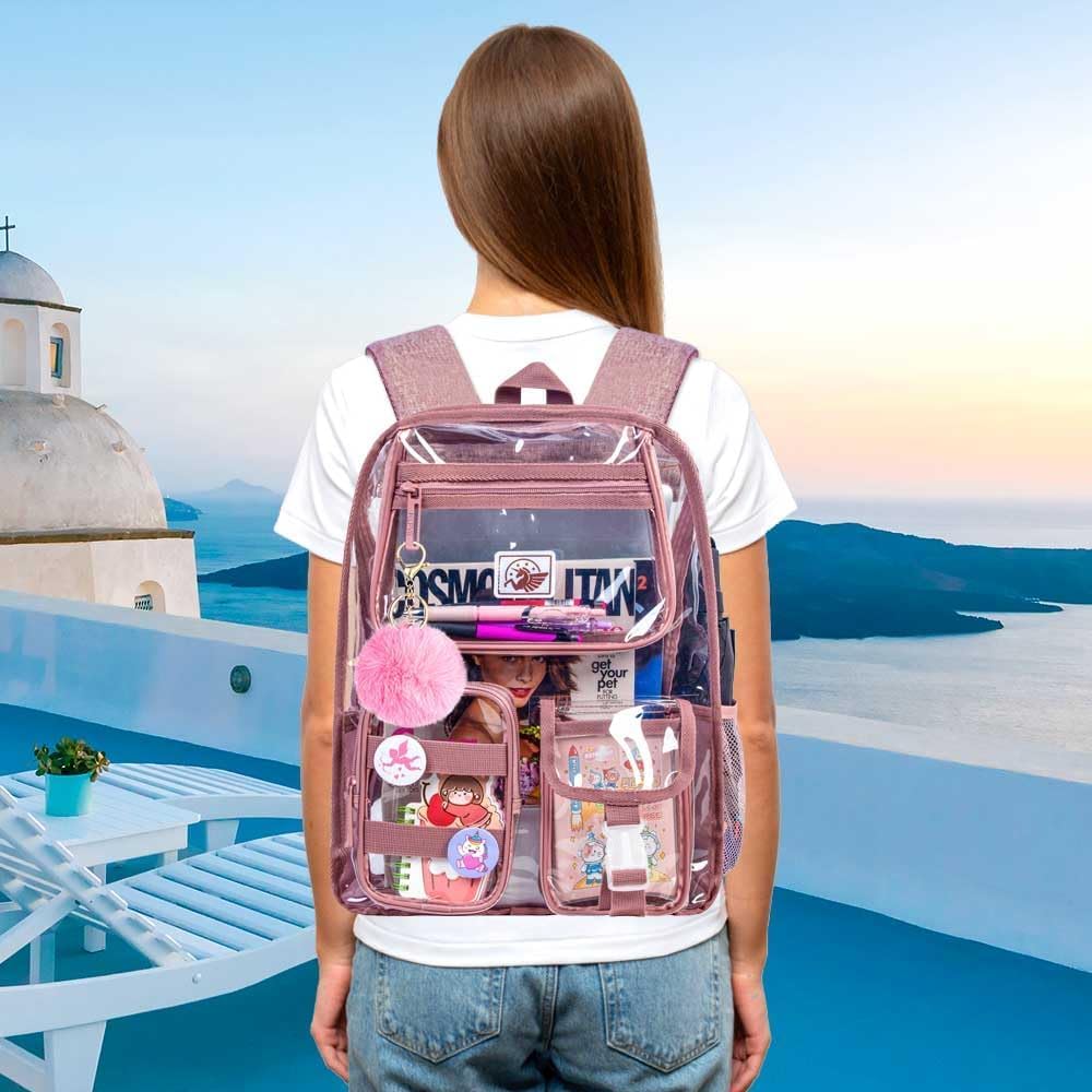 Clear Backpack for Girls Women, Heavy Duty PVC Transparent BookBag, Cute See Through School Bags for Teens Elementary - Pink