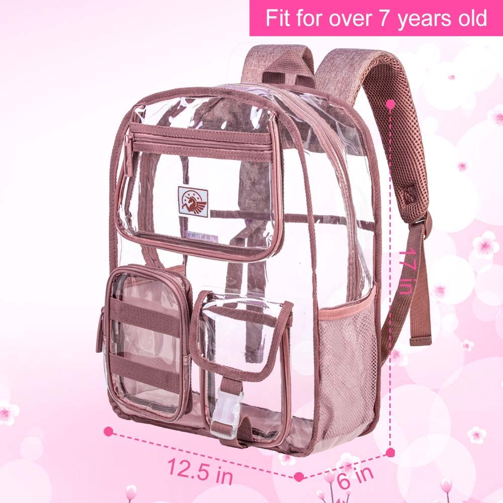 Clear Backpack for Girls Women, Heavy Duty PVC Transparent BookBag, Cute See Through School Bags for Teens Elementary - Pink