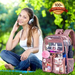 Clear Backpack for Girls Women, Heavy Duty PVC Transparent BookBag, Cute See Through School Bags for Teens Elementary - Pink