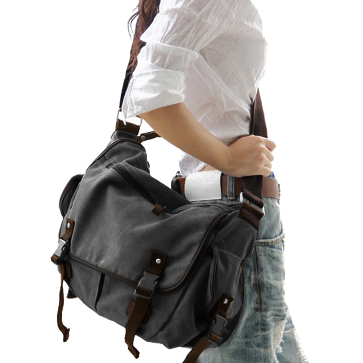 [Upgraded] Vintage Canvas Messenger Bag Large Book Laptop Shoulder Bag Women Men New