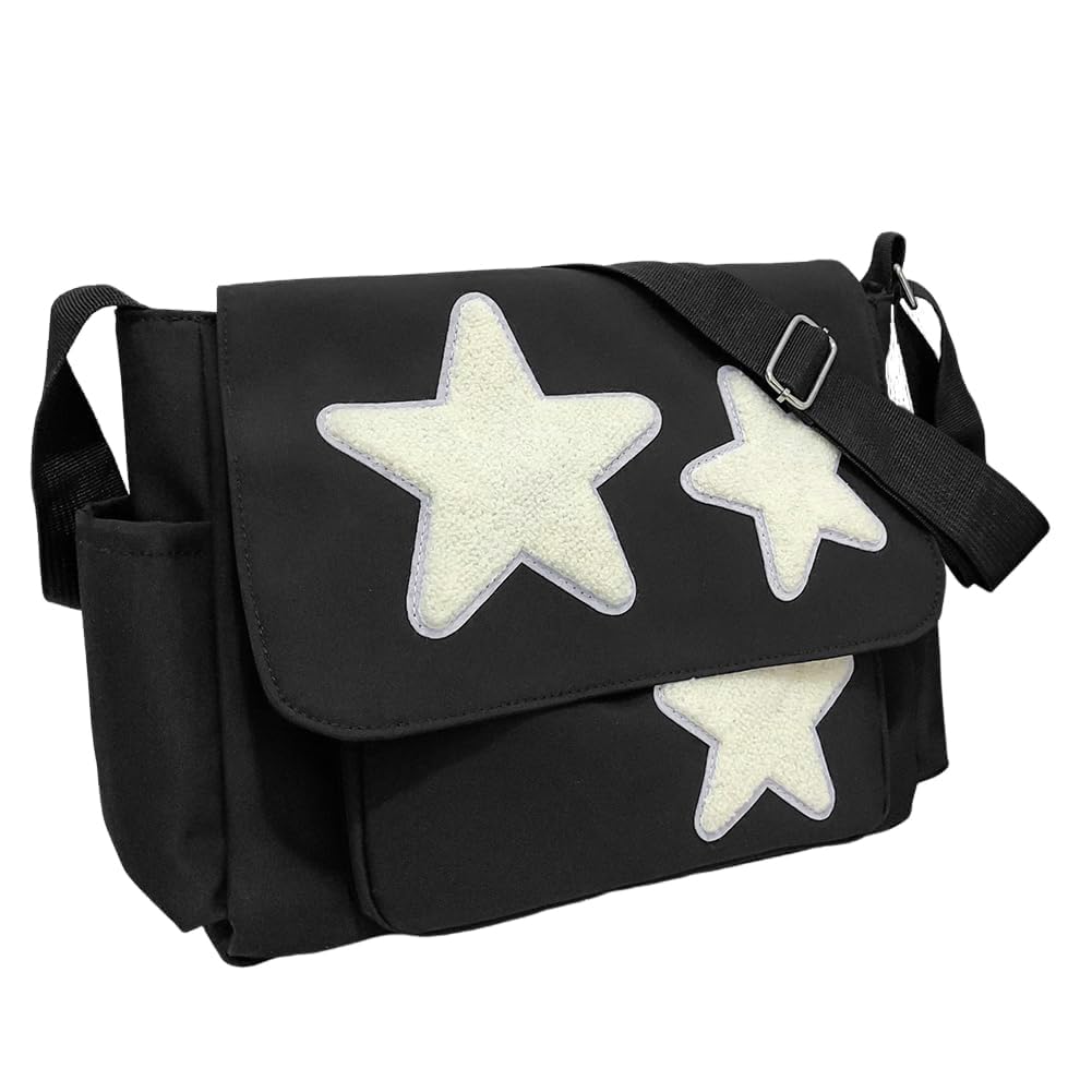 Cute Messenger Bag, Aestheatic Nylon Crossbody Bag Y2k Tote Bag, Star Shoulder Purse for Women Teen, Black