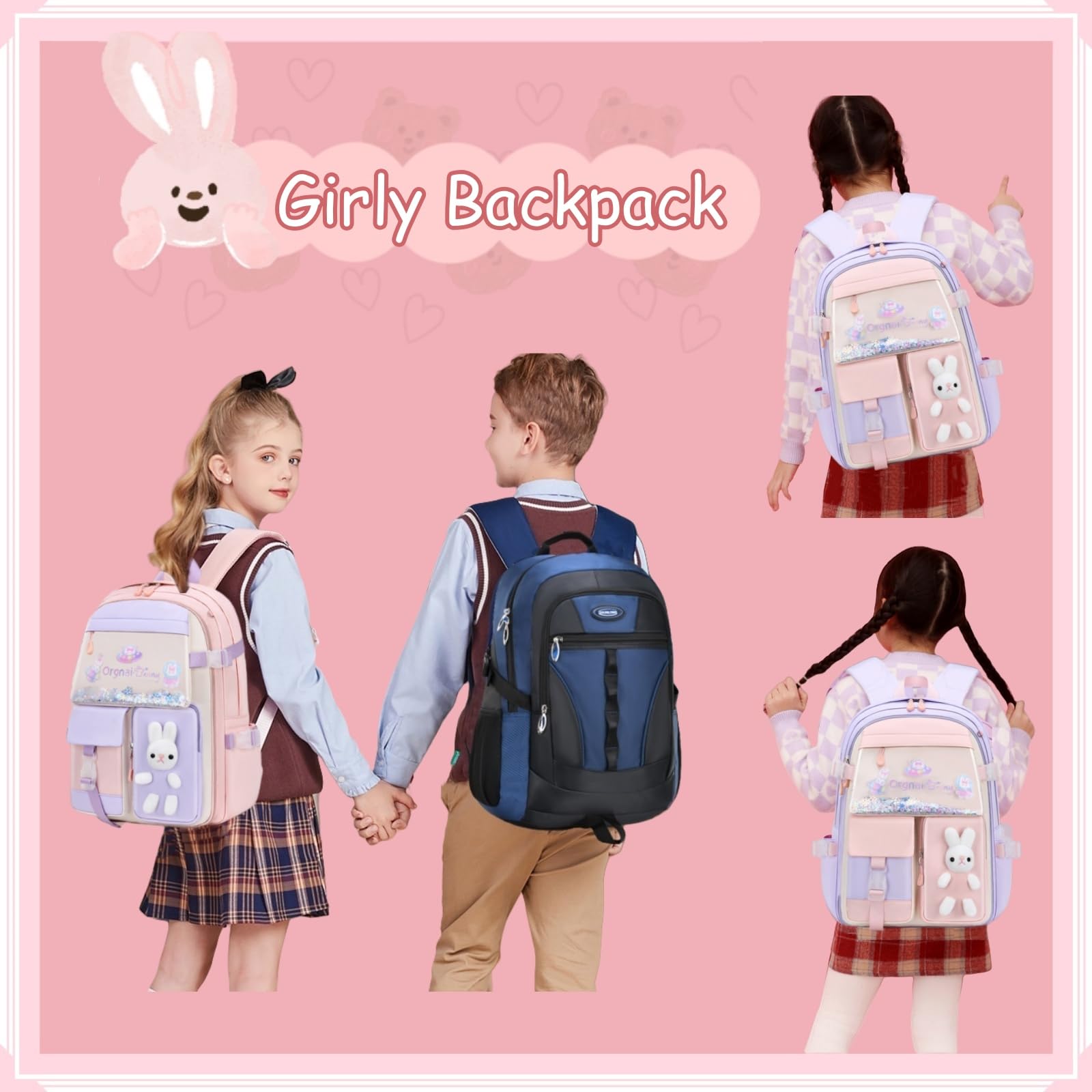 VIDOSCLA Bunny Girls Backpack for School Kawaii Kids Girls Book bags Cute Sequin School Bag for Girls