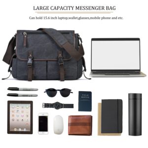 Vintage Canvas 15.6 inch Laptop Messenger Bag for Men Women, College Computer Satchel Shoulder Bag Travel Work Office Briefcases (Black)