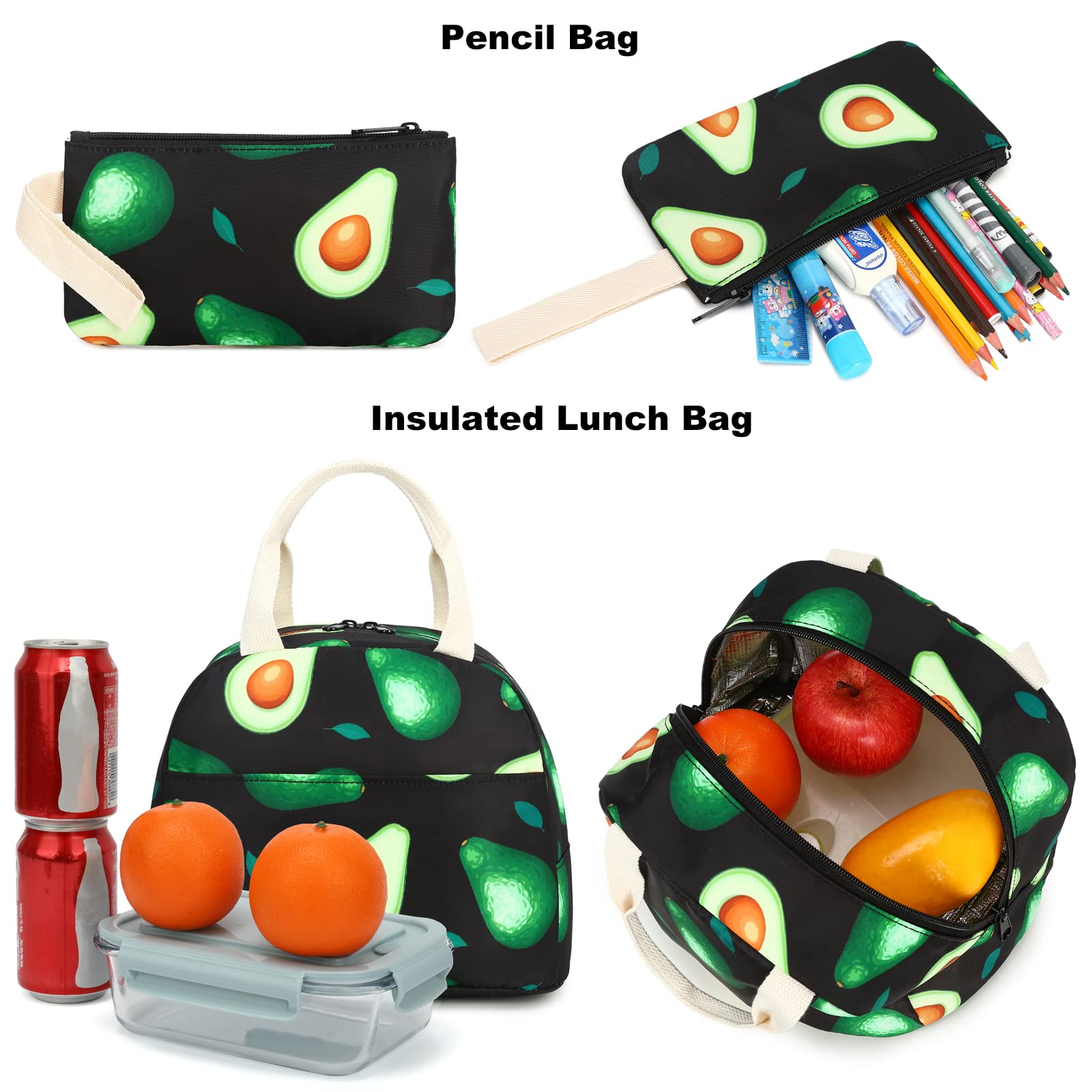 Esfoxes Avocado School Backpack for Girls, Kids Teens School Bags Bookbags Set with Lunch Bag Pencil Bag