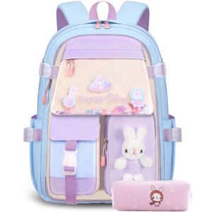 PRLINJSK Backpack for Girls, Kids School Bags for Kindergarten and Elementary, Kawaii Bunny Bookbags with Pencil Case