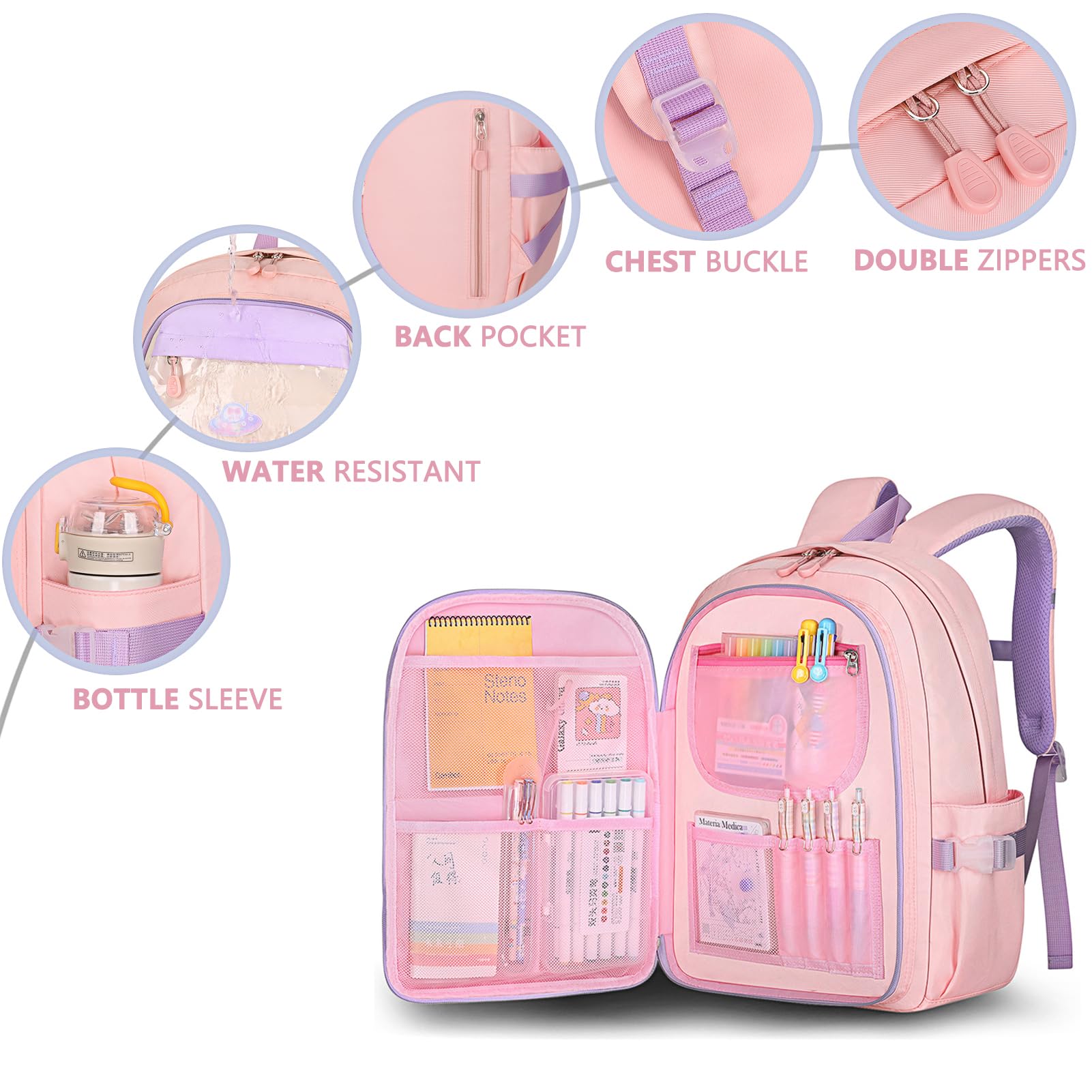 PRLINJSK Backpack for Girls, Kids School Bags for Kindergarten and Elementary, Kawaii Bunny Bookbags with Pencil Case