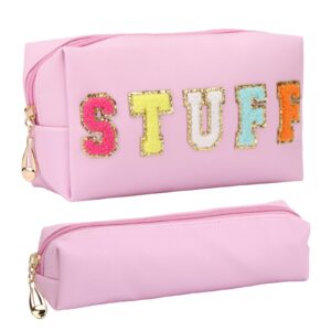 fixwal 2pcs stuff bag, preppy makeup bag, portable waterproof purse, cosmetic bag with patches, stuff pouch, makeup brush bag, pink