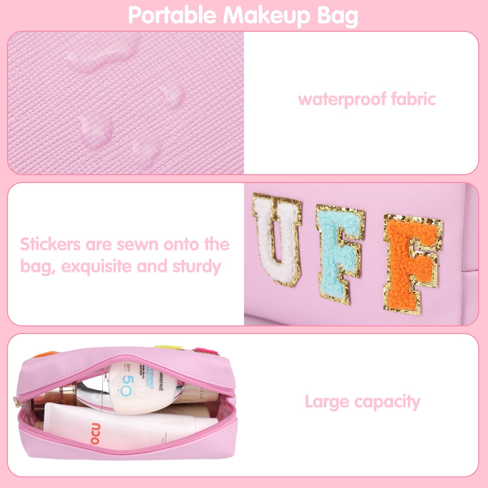 Fixwal 2pcs Stuff Bag, Preppy Makeup Bag, Portable Waterproof Purse, Cosmetic Bag with Patches, Stuff Pouch, Makeup Brush Bag, Pink