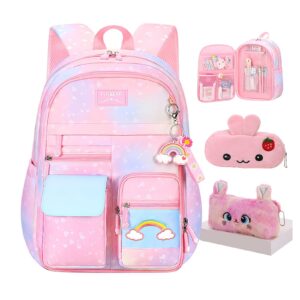 jcobvig rainbow backpack for girls kids,cute student school backpack with pen bag,pink aesthetic starry rainbow laptop travel bag (pink large 17.5in