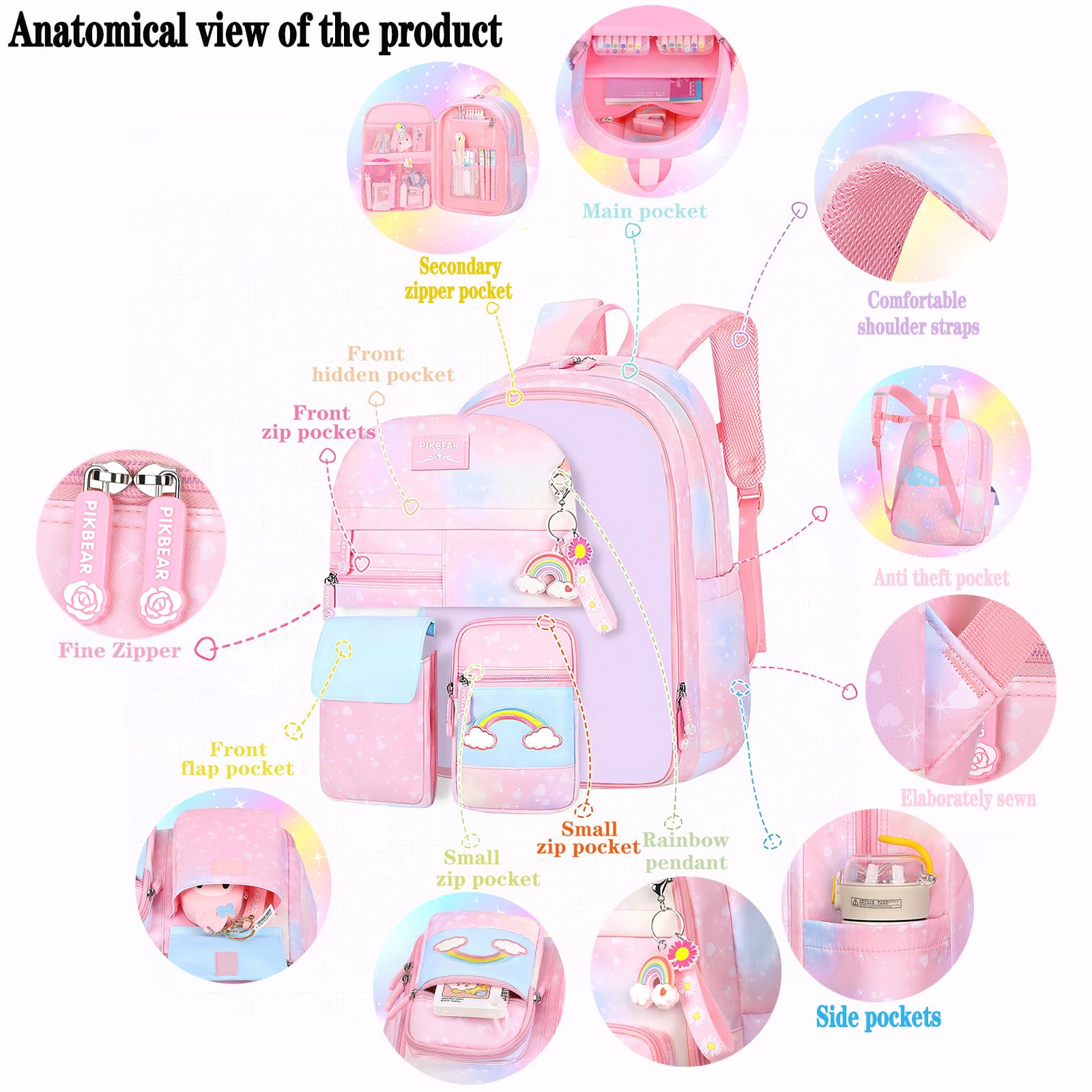 Jcobvig Rainbow Backpack For Girls Kids,Cute Student School Backpack With Pen Bag,Pink Aesthetic Starry Rainbow Laptop Travel Bag (Pink Large 17.5in