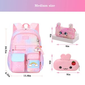 Jcobvig Rainbow Backpack For Girls Kids,Cute Student School Backpack With Pen Bag,Pink Aesthetic Starry Rainbow Laptop Travel Bag (Pink Large 17.5in