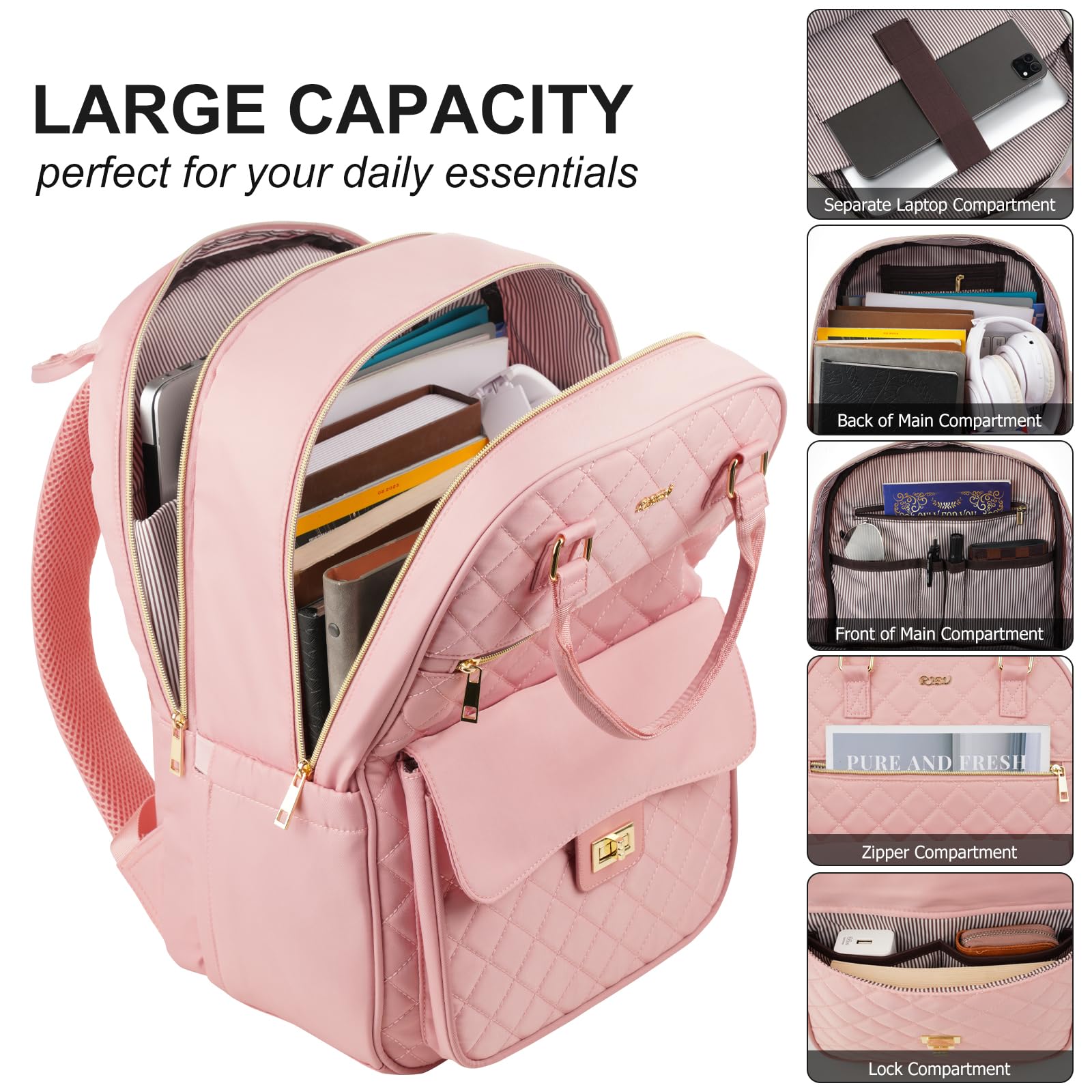 RJEU Backpack Boogbag for Women,Cute School Backpack for Teen Girls with Laptop Compartment,Quilted Stylish Computer Bag Big Book Bag for College Student Work,Pink