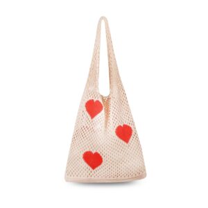 arcimatto crochet tote bag, women summer aesthetic mesh beach bags, girls hobo bags y2k purse fairy grunge accessories (beige 3 hearts)
