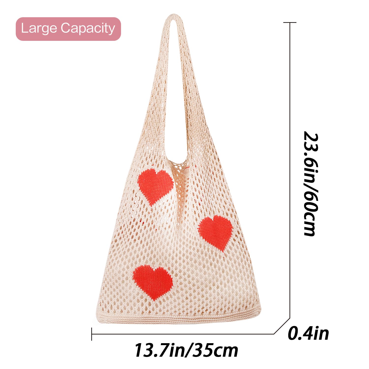 Arcimatto Crochet Tote Bag, Women Summer Aesthetic Mesh Beach Bags, Girls Hobo Bags Y2k Purse Fairy Grunge Accessories (Beige 3 Hearts)