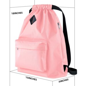 Vorspack Drawstring Backpack Water Resistant String Bag Sports Gym Sack with Side Pocket for Men Women - Pink