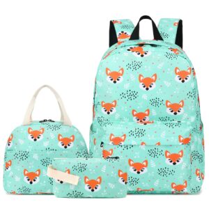fuyicat fox school backpack set for girls, 3-in-1 kids teens elementary middle school bags bookbag with lunch bag pencil case