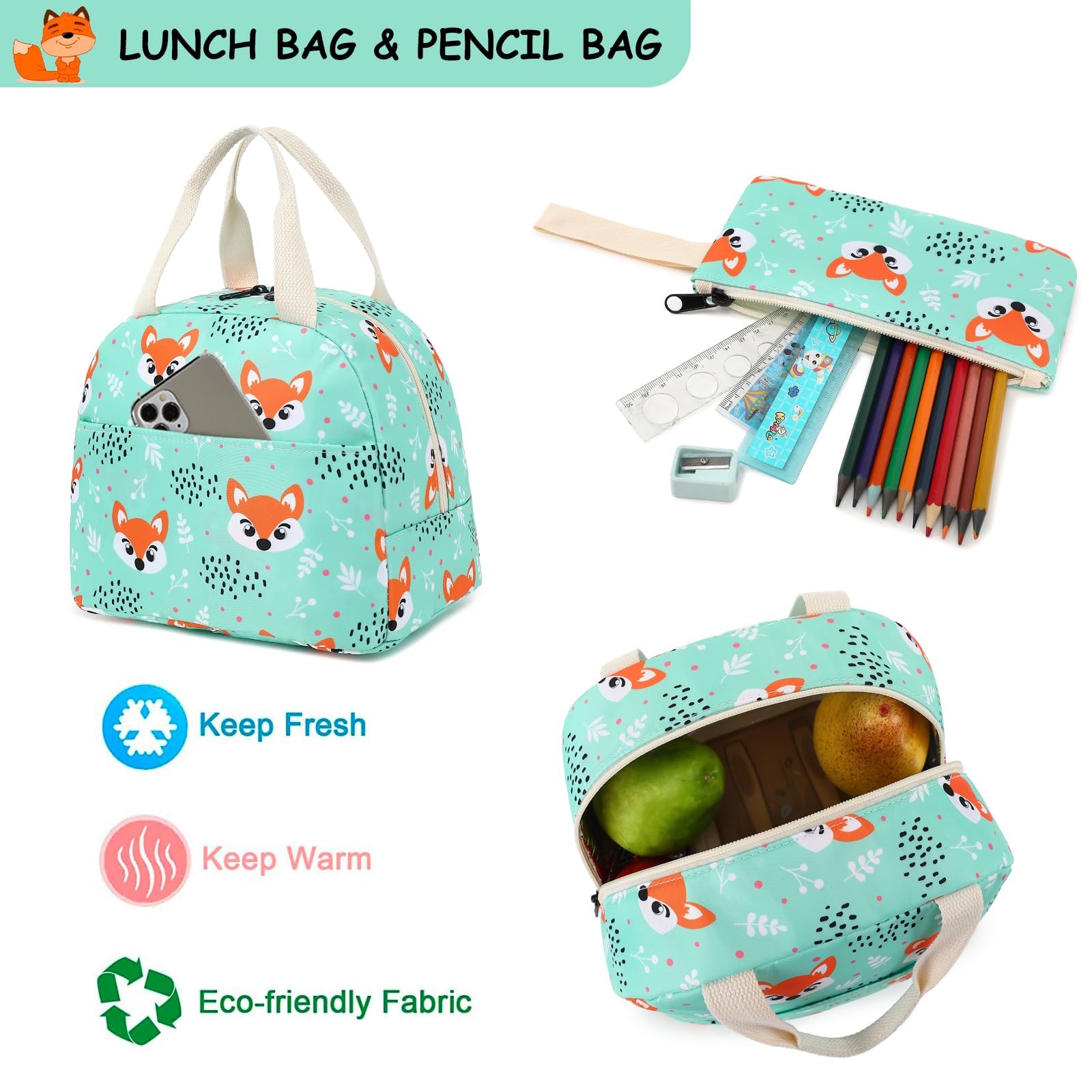 Fuyicat Fox School Backpack Set for Girls, 3-in-1 Kids Teens Elementary Middle School Bags Bookbag with Lunch Bag Pencil Case