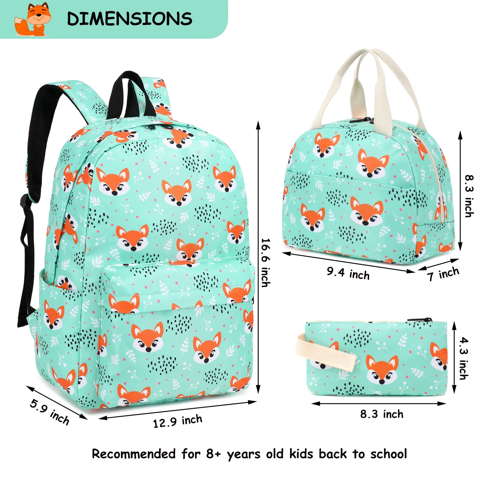 Fuyicat Fox School Backpack Set for Girls, 3-in-1 Kids Teens Elementary Middle School Bags Bookbag with Lunch Bag Pencil Case