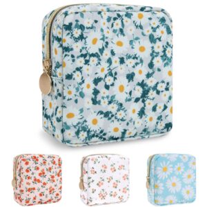 Nylon Mini Floral Makeup Bag for Purse, Small Cute Travel Makeup Bag Preppy Flower Cosmetic Zipper Pouch, Waterproof Coin Pouch Sanitary Napkin Storage Bag Make Up Organizer Set for Women(Green-Daisy)