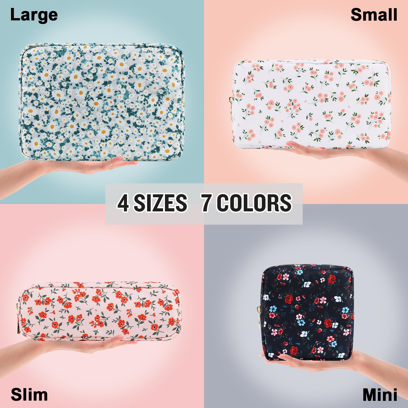 Nylon Mini Floral Makeup Bag for Purse, Small Cute Travel Makeup Bag Preppy Flower Cosmetic Zipper Pouch, Waterproof Coin Pouch Sanitary Napkin Storage Bag Make Up Organizer Set for Women(Green-Daisy)