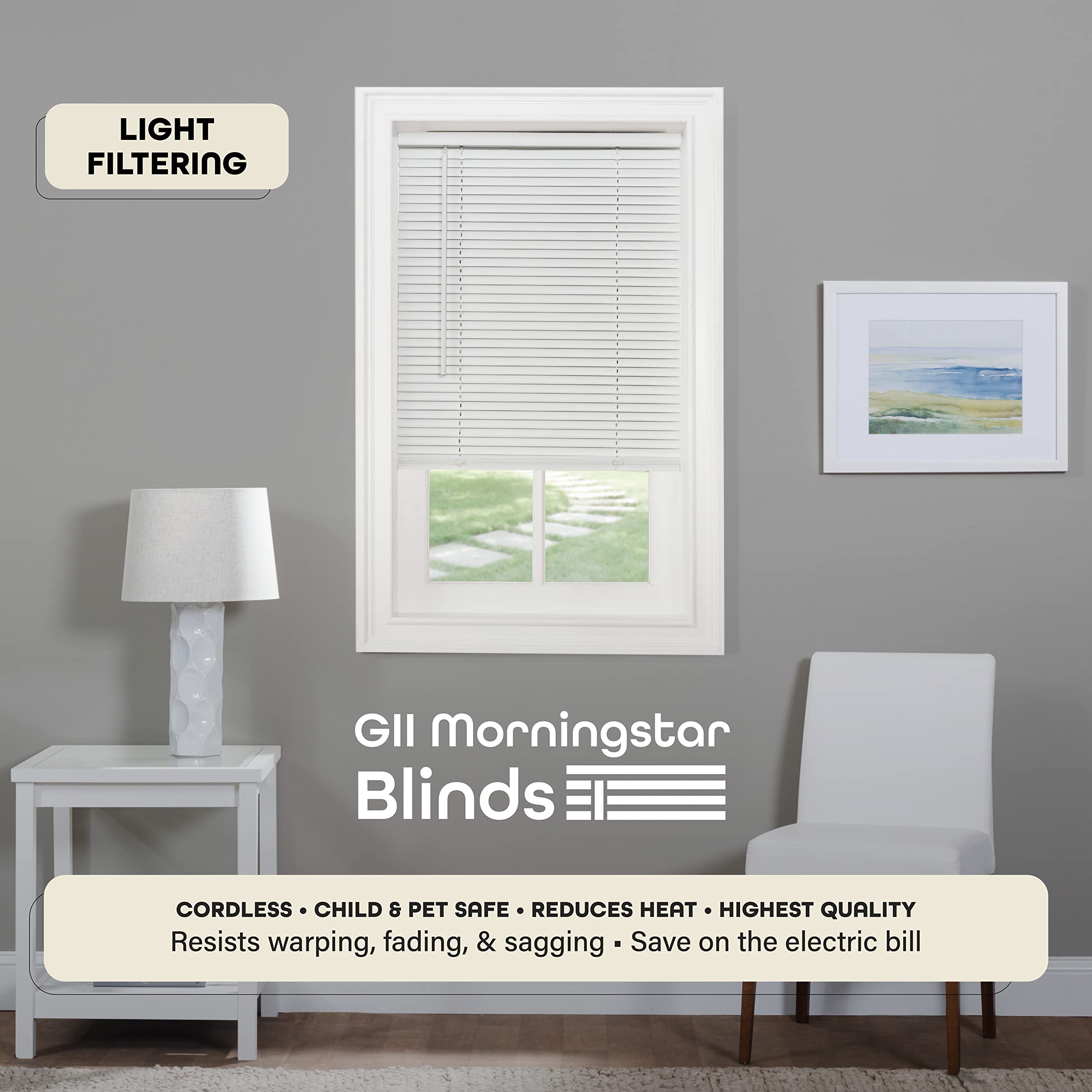 Cordless Light Filtering Mini Blinds for Indoor Windows - 32 Inch Width, 64 Inch Length, 1" Slat Size - Pearl White - Cordless GII Morningstar Window Blinds for Interior by Achim Home Decor