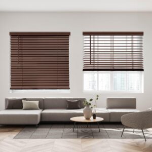 DEZ FURNISHINGS Cordless 2" Faux Wood Blind, 34" W x 48" H, Dark Oak