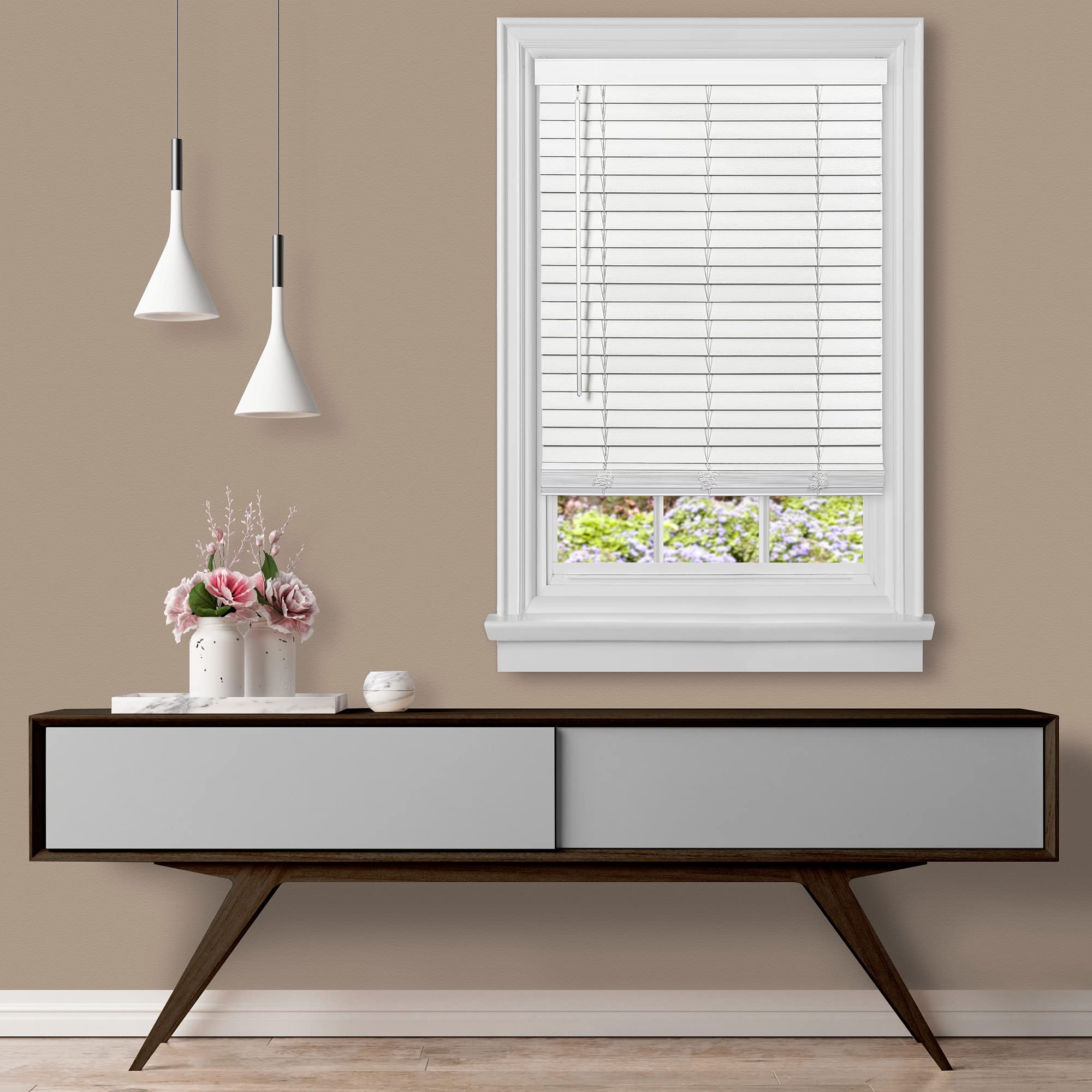 Cordless Room Darkening Plantation Blind - 29 Inch Width, 64 Inch Length, 2" Vinyl Slat Size - White - GII Madera Falsa Faux Wood, Light Filtering Horizontal Windows Blinds by Achim Home Decor