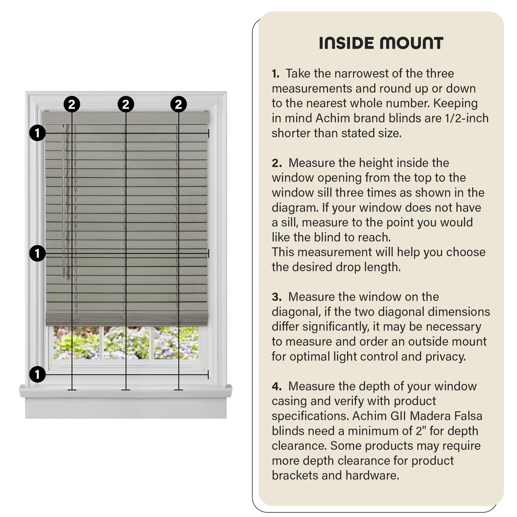 Cordless Room Darkening Plantation Blind - 29 Inch Width, 64 Inch Length, 2" Vinyl Slat Size - White - GII Madera Falsa Faux Wood, Light Filtering Horizontal Windows Blinds by Achim Home Decor