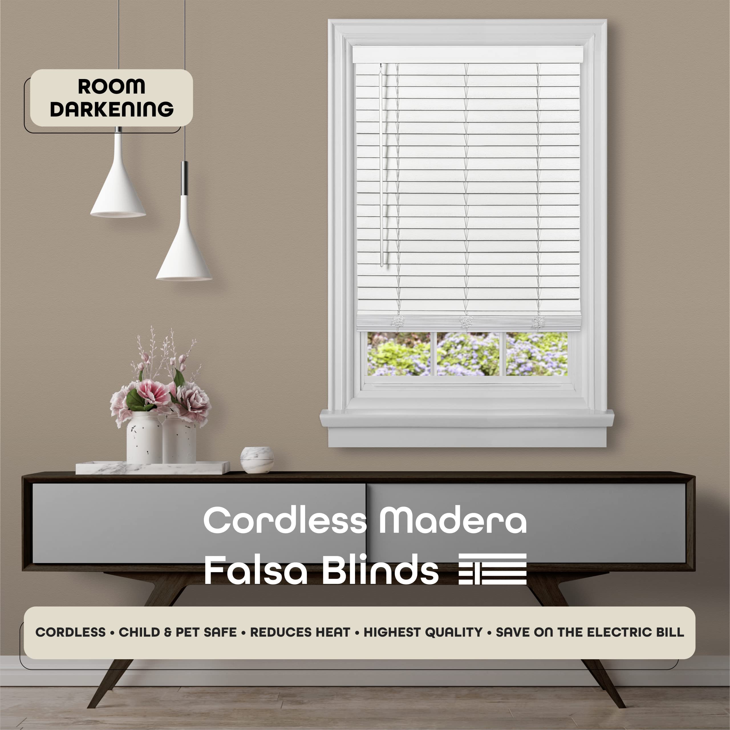 Cordless Room Darkening Plantation Blind - 29 Inch Width, 64 Inch Length, 2" Vinyl Slat Size - White - GII Madera Falsa Faux Wood, Light Filtering Horizontal Windows Blinds by Achim Home Decor