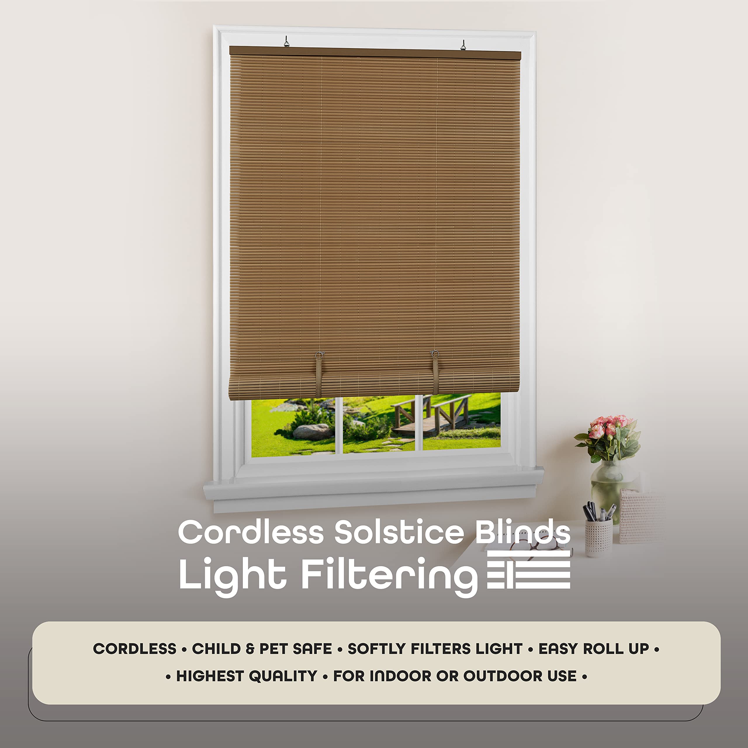 Cordless Solstice Vinyl Roll-Up Blind - 36 Inch Width, 72 Inch Length, Quarter Inch Vinyl Slats - Woodtone - Soft Light Filtering Horizontal Windows Blinds for Indoor & Ourdoor by Achim Home Decor