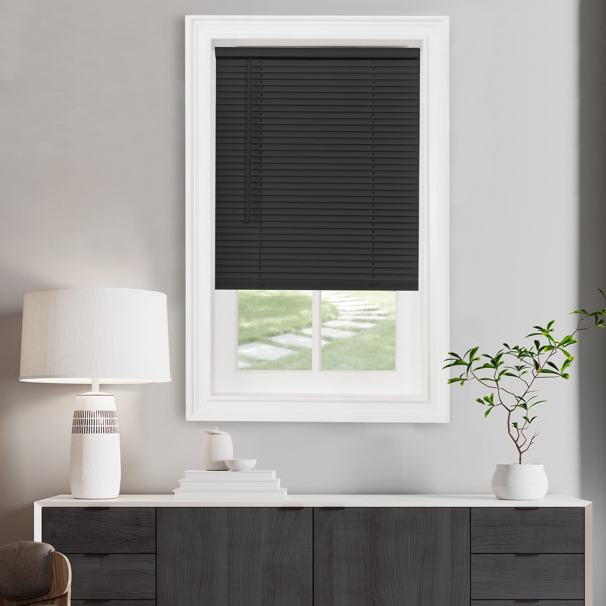 Cordless Light Filtering Mini Blind - 36 Inch Width, 48 Inch Length, 1" Slat Size - Black - Cordless GII Morningstar Horizontal Windows Blinds for Interior by Achim Home Decor