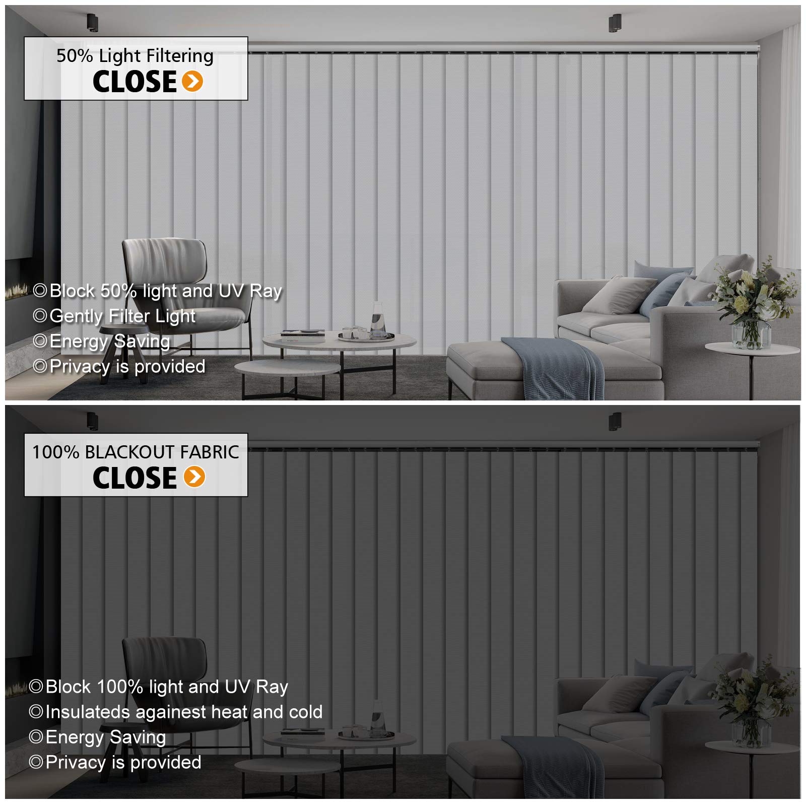 Cordless Vertical Blinds Window Blind, White Blackout Fabric Vertical Blind, Energy Saving UV Protection Noise Reduce Vertical Blinds for Sliding Glass Doors, Patio Doors