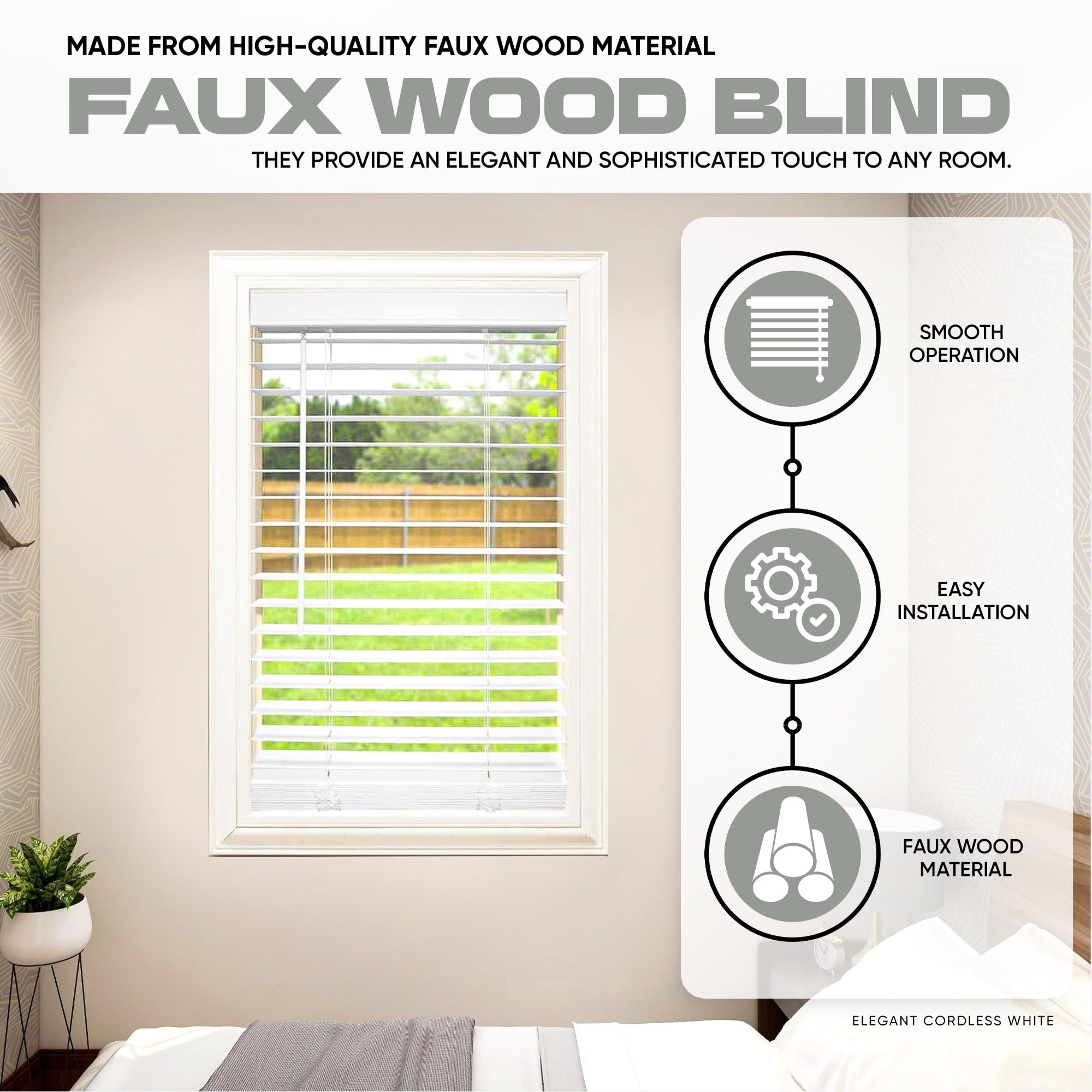 Ultra Premium White 2" Inch Faux Wood Blind 35" W x 72" L