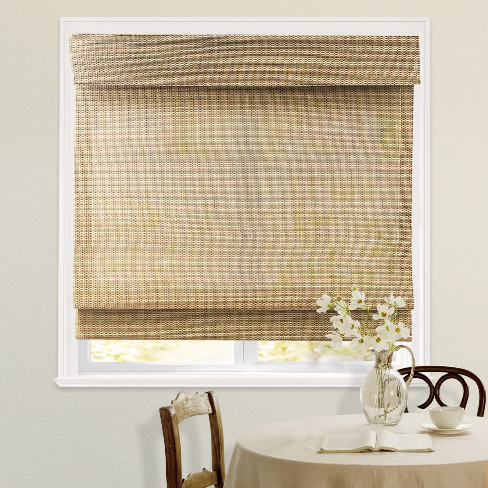 Blackout Cordless Blinds Bamboo Roman Shades, Custom Window Shades with Lining, Natural 100% Bamboo Blinds for Windows, Pattern 21