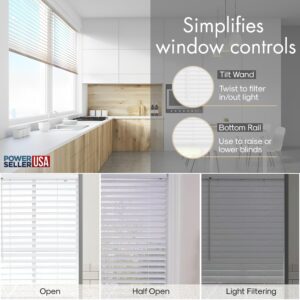 PowerSellerUSA 1" Slats Cordless Window Blinds, 48L x 32W Inches Solid Pattern Light Filtering Vinyl Indoor-Outside Ceiling Mount Mini Blind, Manual Cordless Rollup Window Privacy Blinds, White