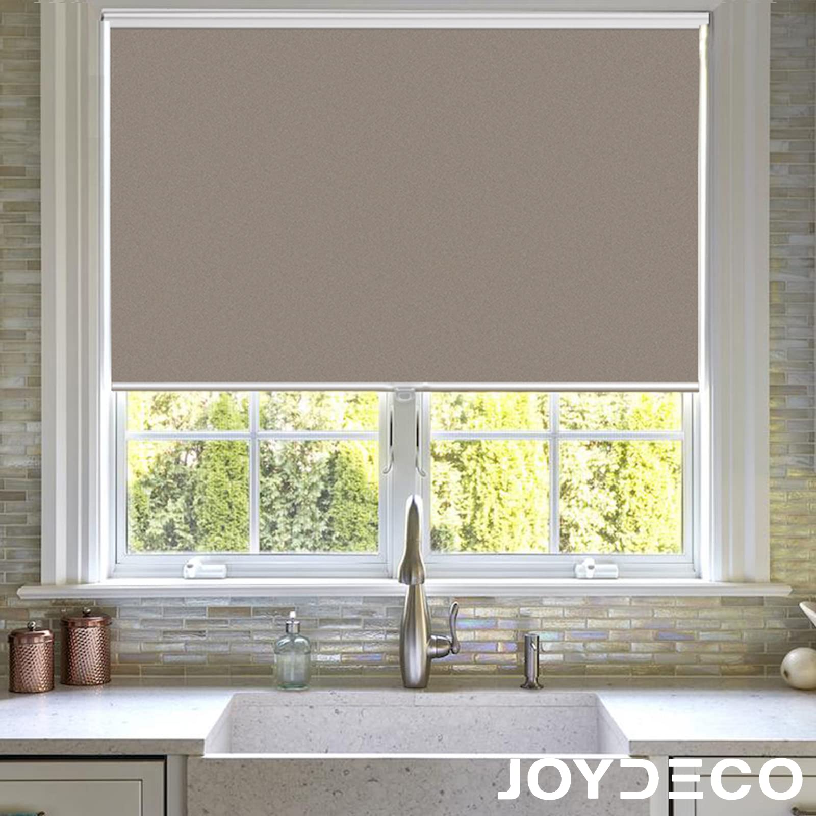 Joydeco Blackout Cordless Roller Shade for Windows,Coffee Fabric Black Out Mini Blinds for Sliding Glass Door Bedroom Home Darkening (35x 75)