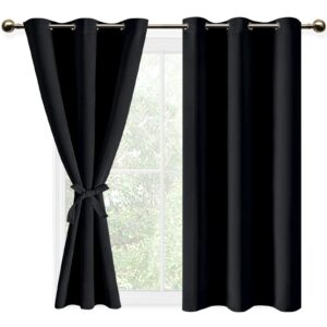 DWCN Black Blackout Curtains for Bedroom with Tiebacks - Thermal Insulated Light Blocking Grommet Window Curtains for Living Room, 38 x 45 inch Length, Set of 2 Panels