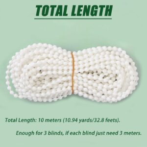 Antfly 10 Meters (32.8 Feet) Roller Blind Bead Chain Cord Roman Venetian Honeycomb Vertical Shade Blind Cord with 10 PCS Connectors for Roller Blind Replacement Parts White (Thickened Version)