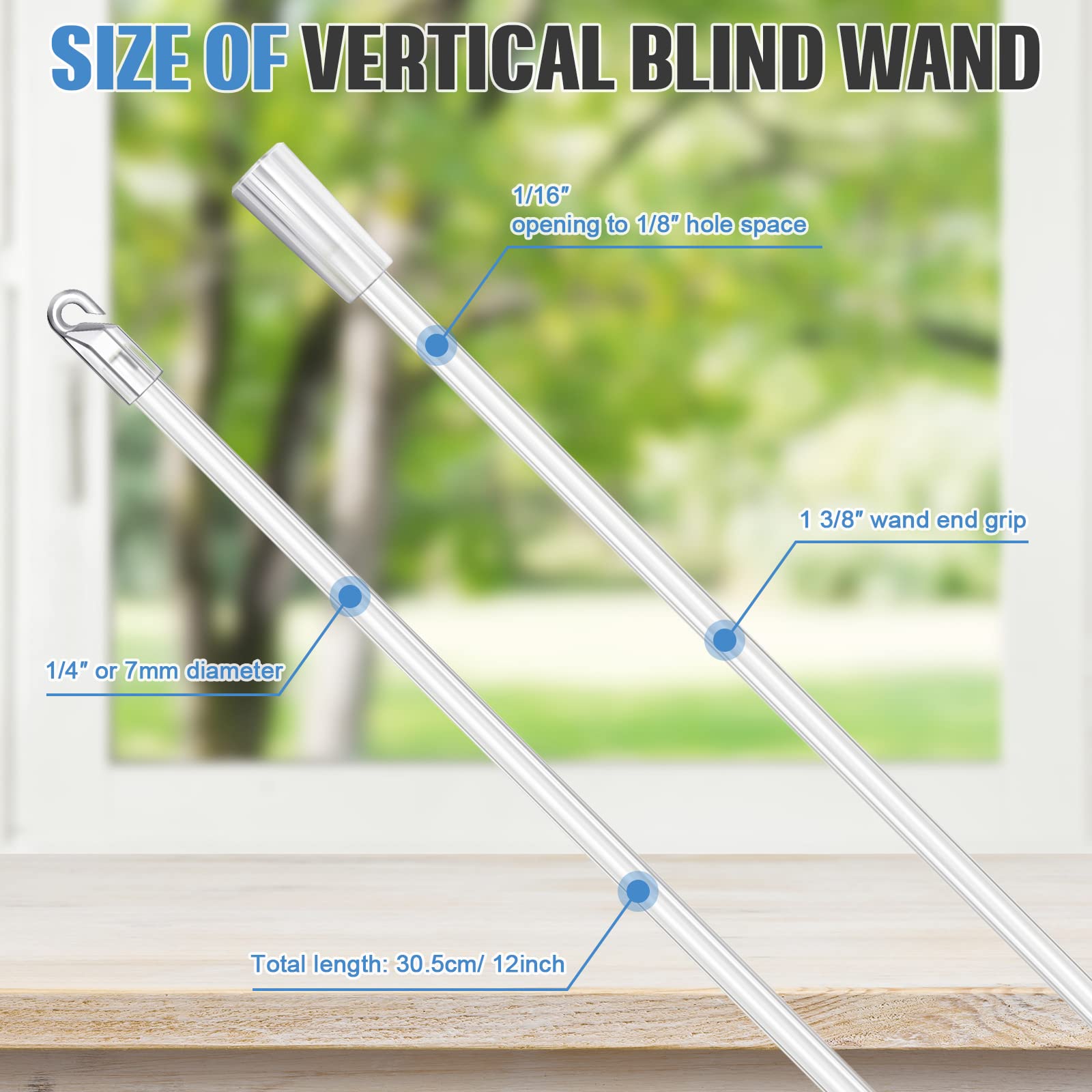 2 Pieces Blind Wand Vertical Blinds Replacement Parts Blind Rod with Hook and Grip Clear Blind Opener Long Window Blind Stick Tilt Rod (12 Inch, Plastic)