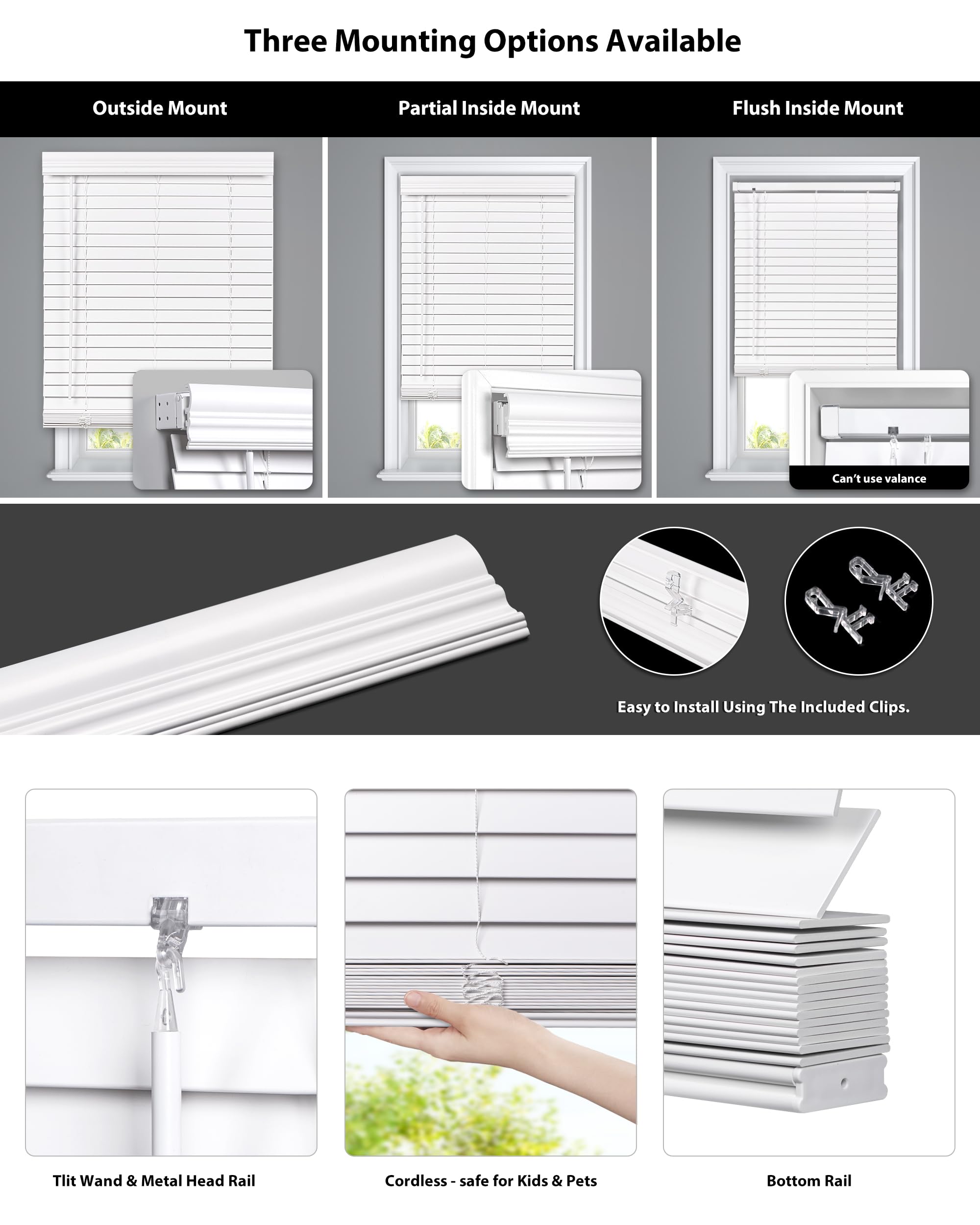 LazBlinds 2-inch Cordless Faux Wood Blinds with Royal Valance, Room Darkening Horizontal Window Blinds, Inside Mount Blinds for Windows - Actual Blinds Size: 70.5'' W x 72'' H - White