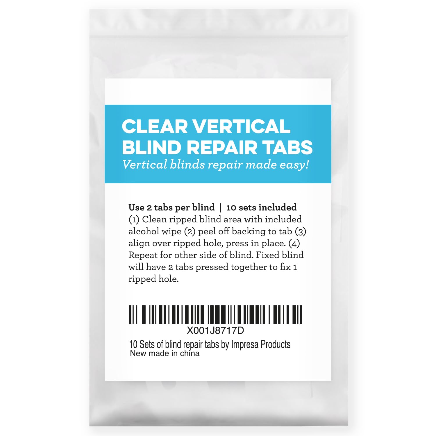 Impresa Clear Vertical Blind Repair Tabs - 20 Clear, Stick-On Tabs (10 Sets) with 2 Alcohol Wipes - Great for Sliding Door, Window, Patio Blinds - Simple Blind Fixing Solution