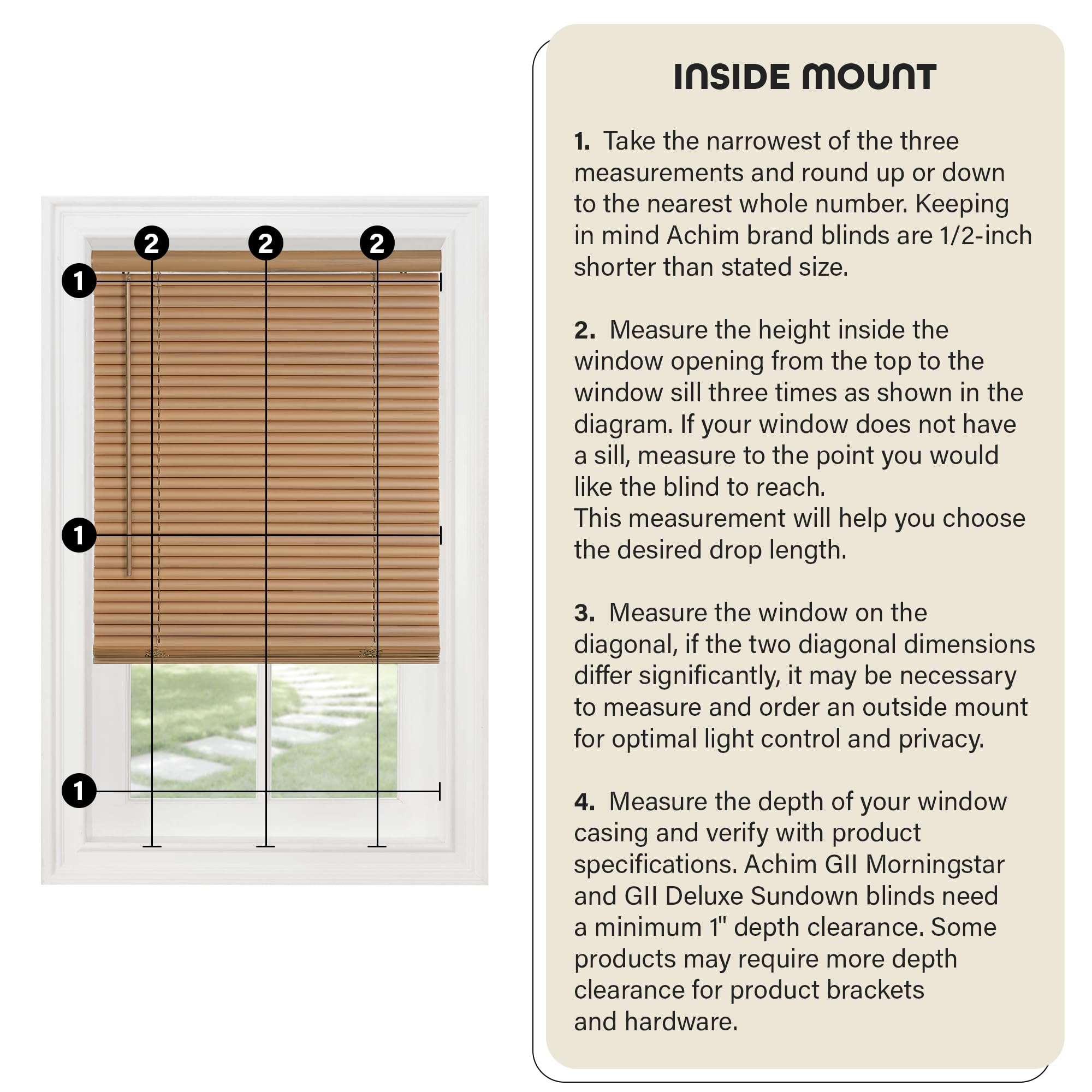 Cordless Light Filtering Mini Blind - 35 Inch Width, 48 Inch Length, 1" Slat Size - Alabaster - Cordless GII Morningstar Horizontal Windows Blinds for Interior by Achim Home Decor