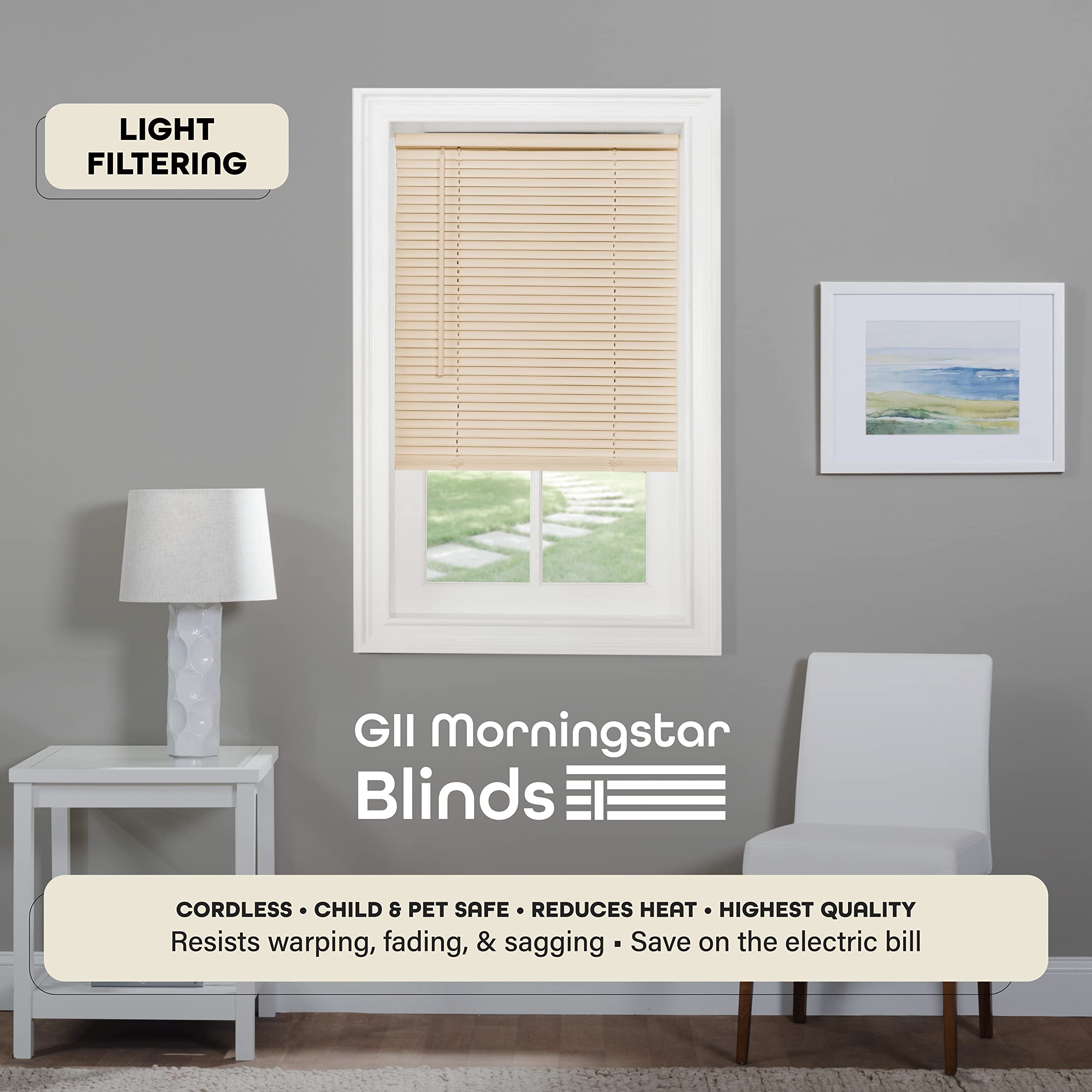 Cordless Light Filtering Mini Blind - 35 Inch Width, 48 Inch Length, 1" Slat Size - Alabaster - Cordless GII Morningstar Horizontal Windows Blinds for Interior by Achim Home Decor