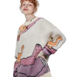 Aelfric Eden Men's Oversized Dinosaur Knit Sweater Vintage Cartoon Pullover Sweater Long Sleeve Christmas Sweater