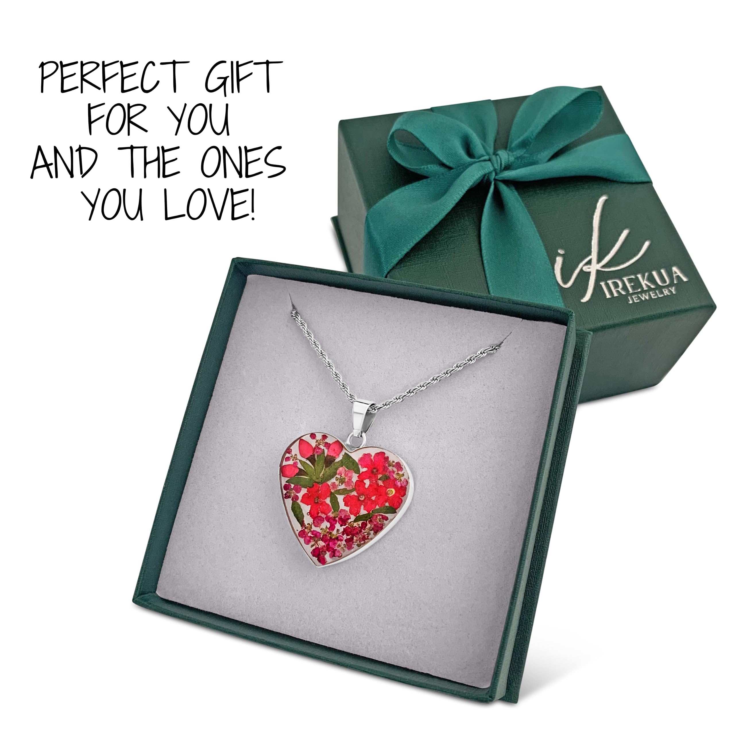 IREKUA Love Heart Necklace for Women 925 Sterling Silver Pressed Flowers Pendant with 20" Stainless Steel Chain Jewelry for Anniversary Birthday Valentines Christmas Gifts for Woman Mother Wife Mom Girlfriend Girl Lady Her with Gift Box