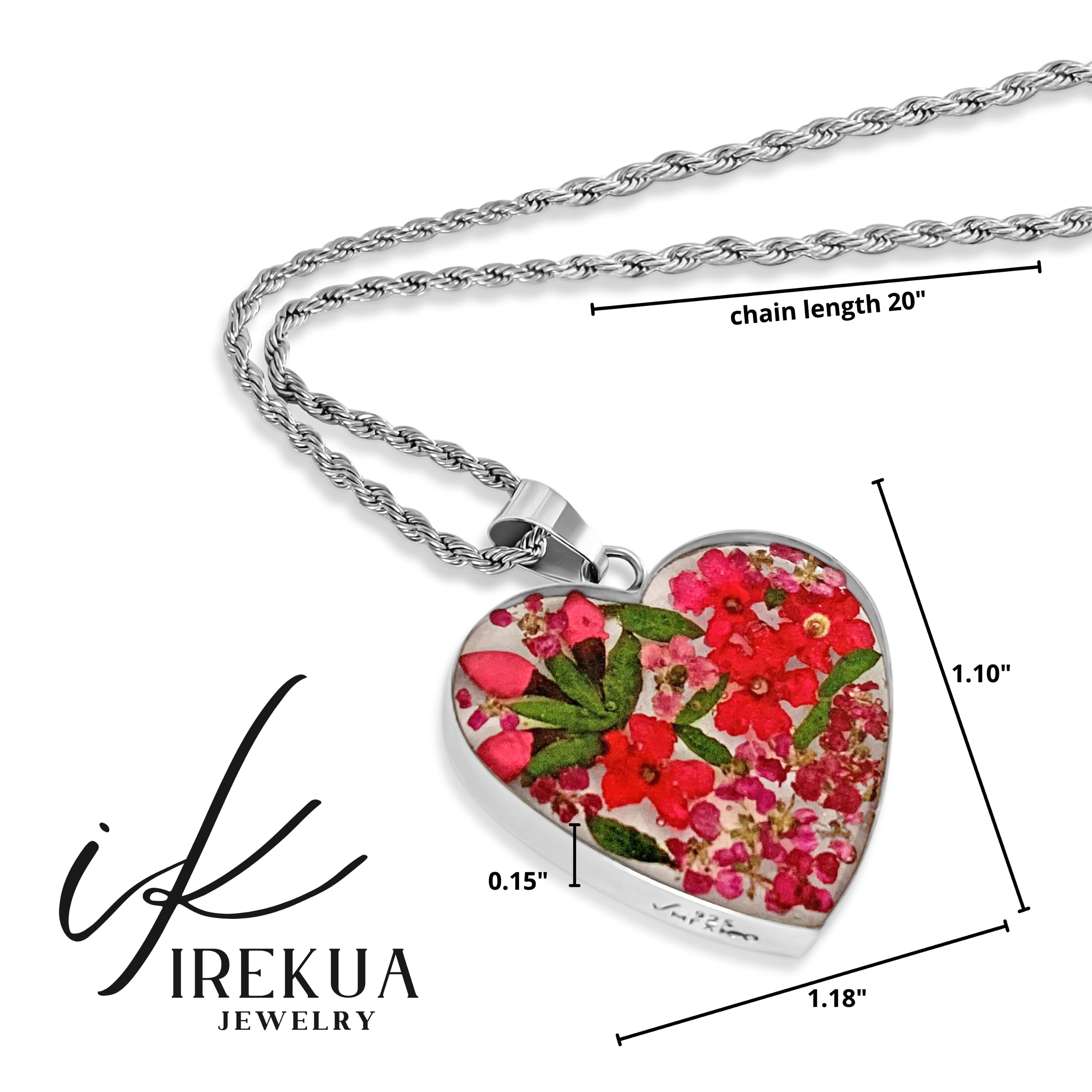 IREKUA Love Heart Necklace for Women 925 Sterling Silver Pressed Flowers Pendant with 20" Stainless Steel Chain Jewelry for Anniversary Birthday Valentines Christmas Gifts for Woman Mother Wife Mom Girlfriend Girl Lady Her with Gift Box